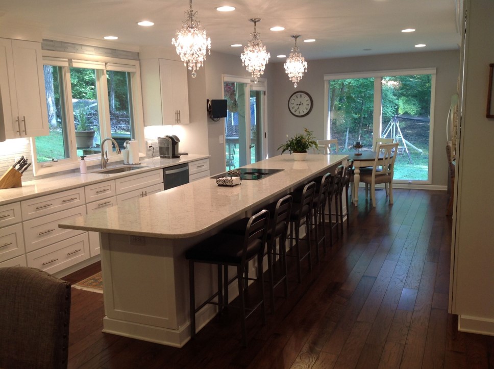 Beautiful Kitchen renovation with large eat-in bar island in Charlotte, NC.